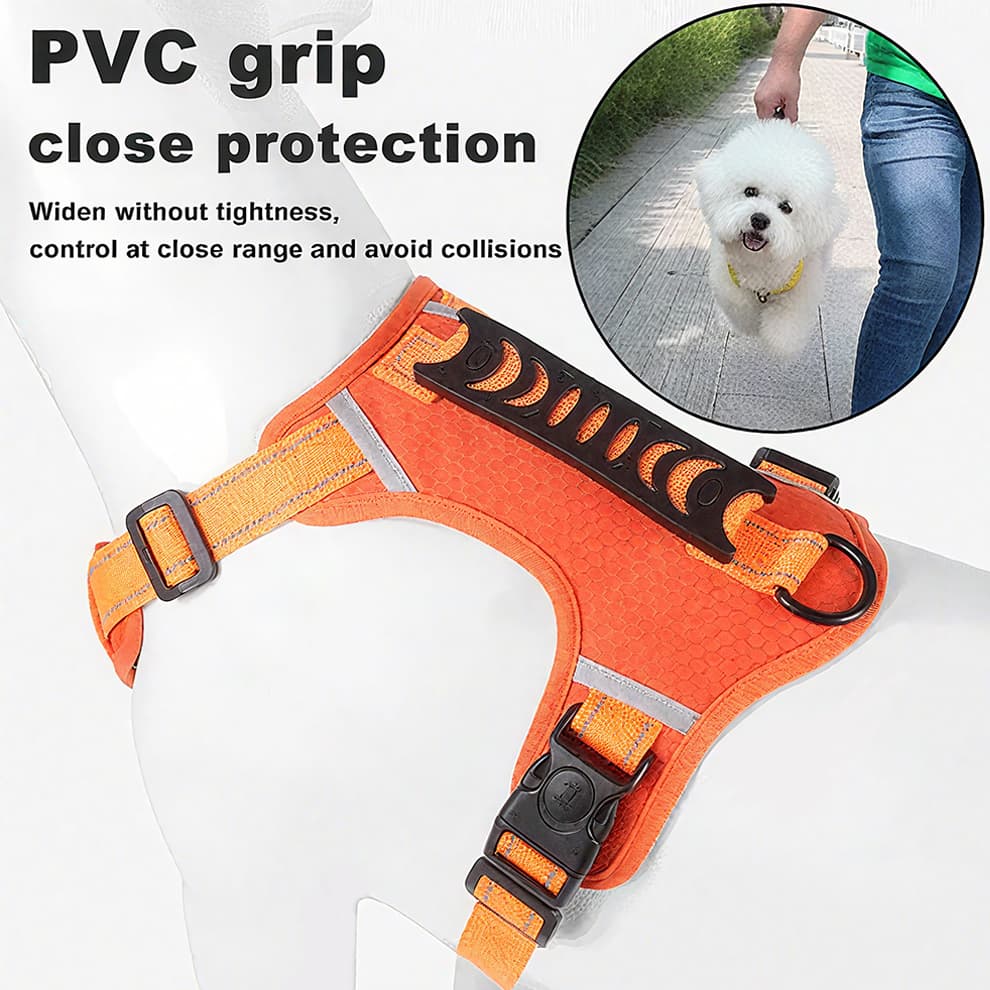 Strong PVC handle on padded dog harness for close control in traffic and anti pull support