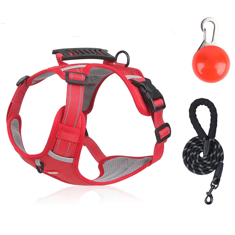 Adjustable dog harness leash set in red with no pull design, breathable padded mesh and LED light for night walks