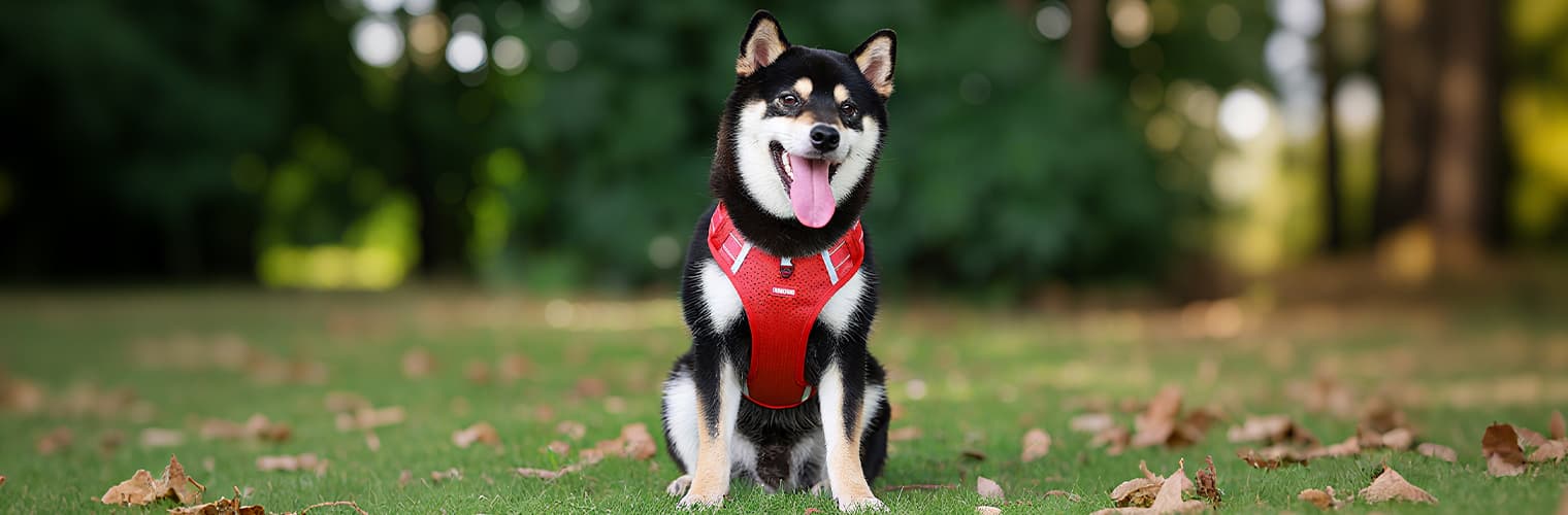 Red dog harness leash set after wearing, ergonomic padded fit for safe walking and training