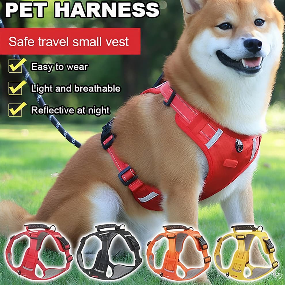 Reflective dog harness with durable leash and LED safety light, Red color variant
