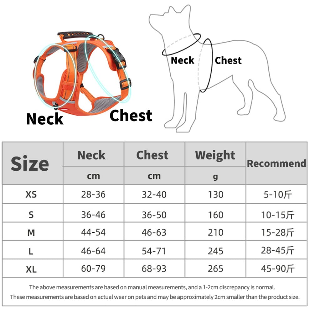 Dog harness size chart showing chest measurements and fitting guide for XS to XL dogs