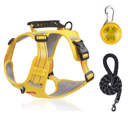 Dog harness leash set with LED light, no pull reflective front clip and back clip harness, padded mesh, adjustable fit (Yellow)
