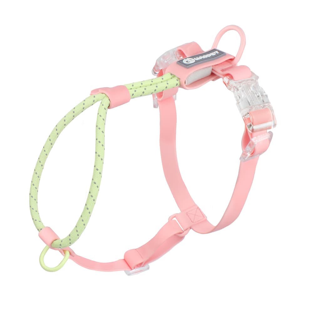 Reflective dog harness in peach and green, adjustable and comfortable