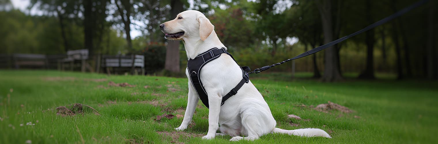 Dog harness with airtag holder after wearing fitted securely on dog with reflective straps and airtag pocket