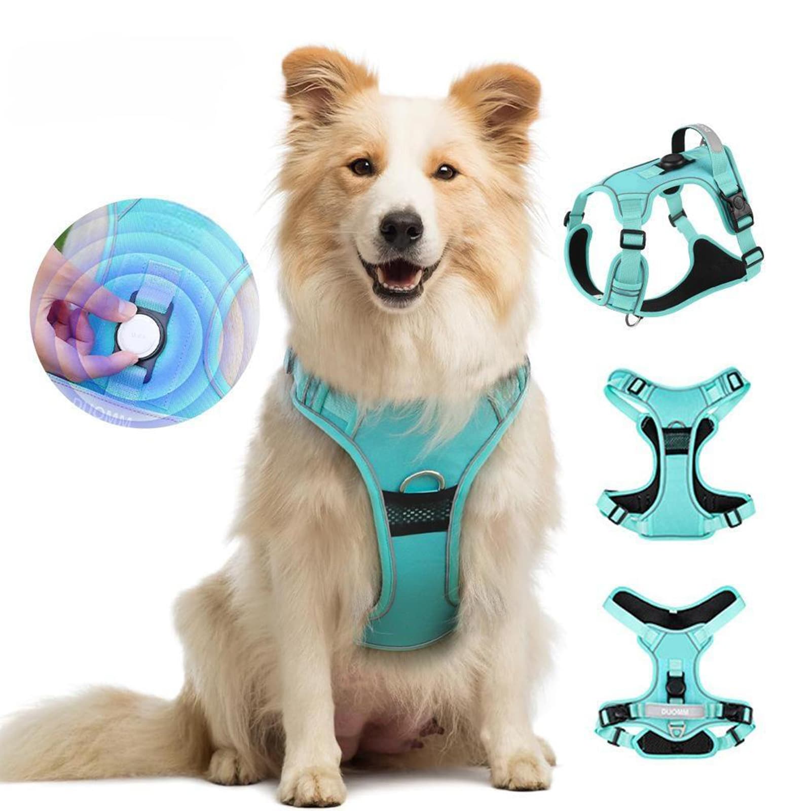 Dog harness with airtag holder closeup view showing durable oxford fabric and reflective straps