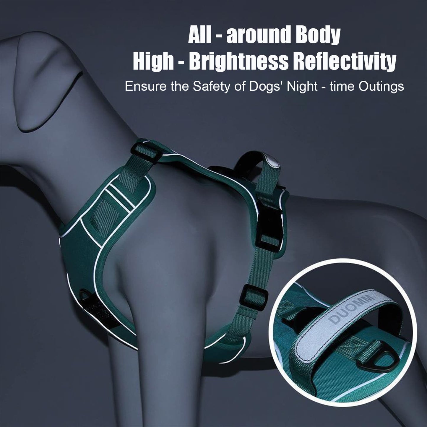 Dog harness with airtag holder showing wide handle reflective strips and secure custom buckle