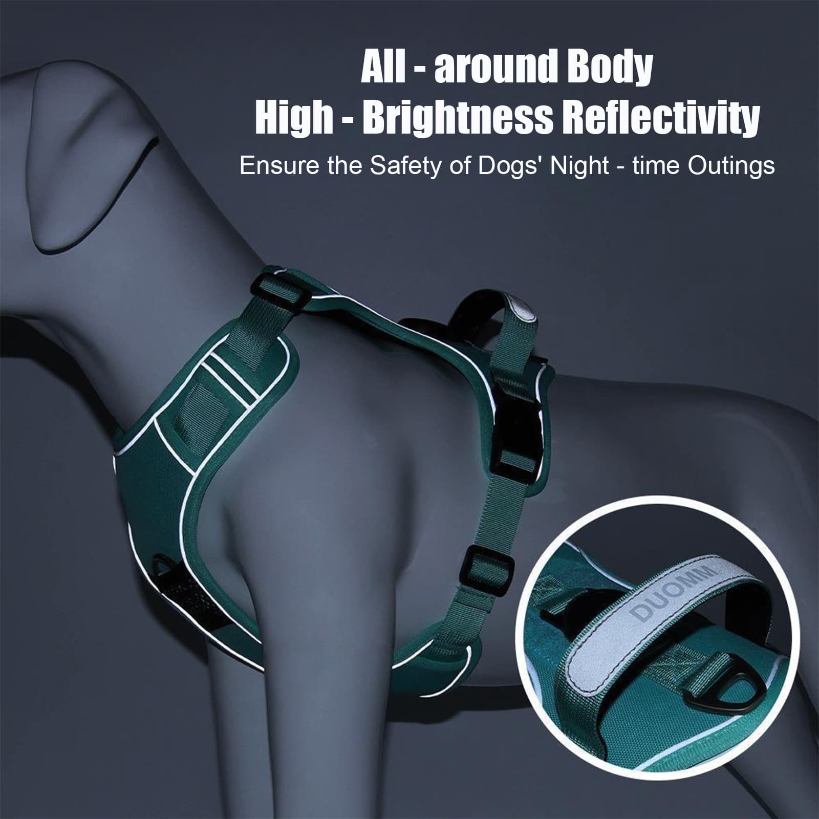 Dog harness with airtag holder showing wide handle reflective strips and secure custom buckle