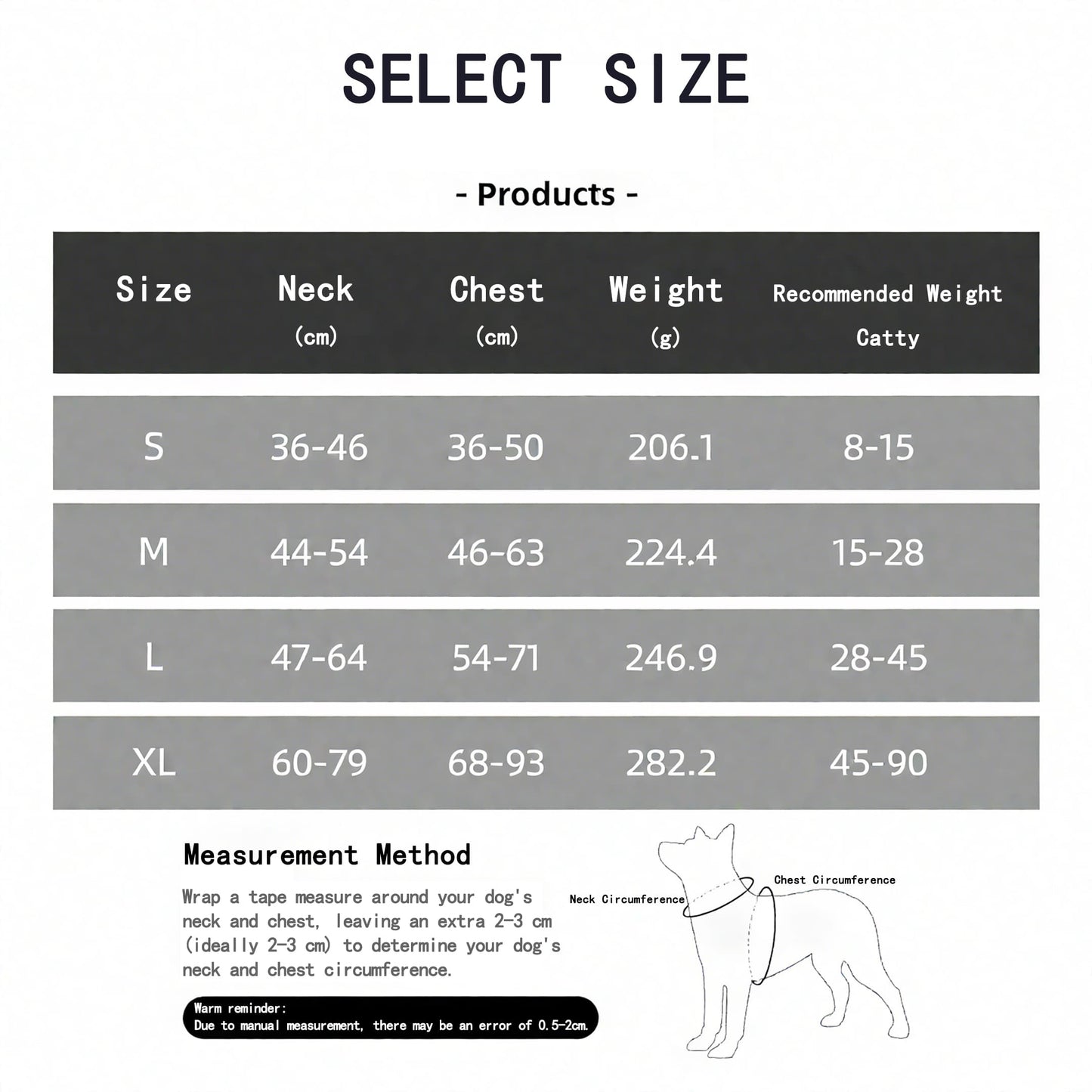Dog harness with airtag holder size chart with neck chest measurements and weight guide