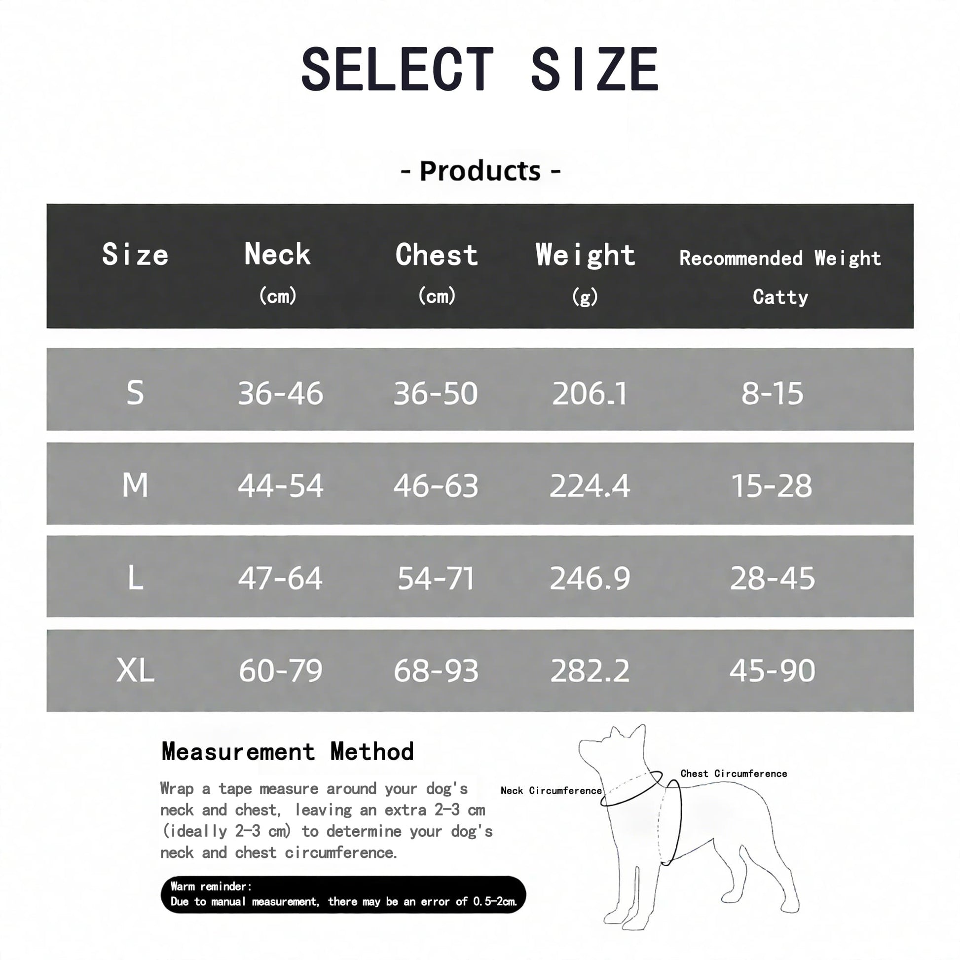 Dog harness with airtag holder size chart with neck chest measurements and weight guide