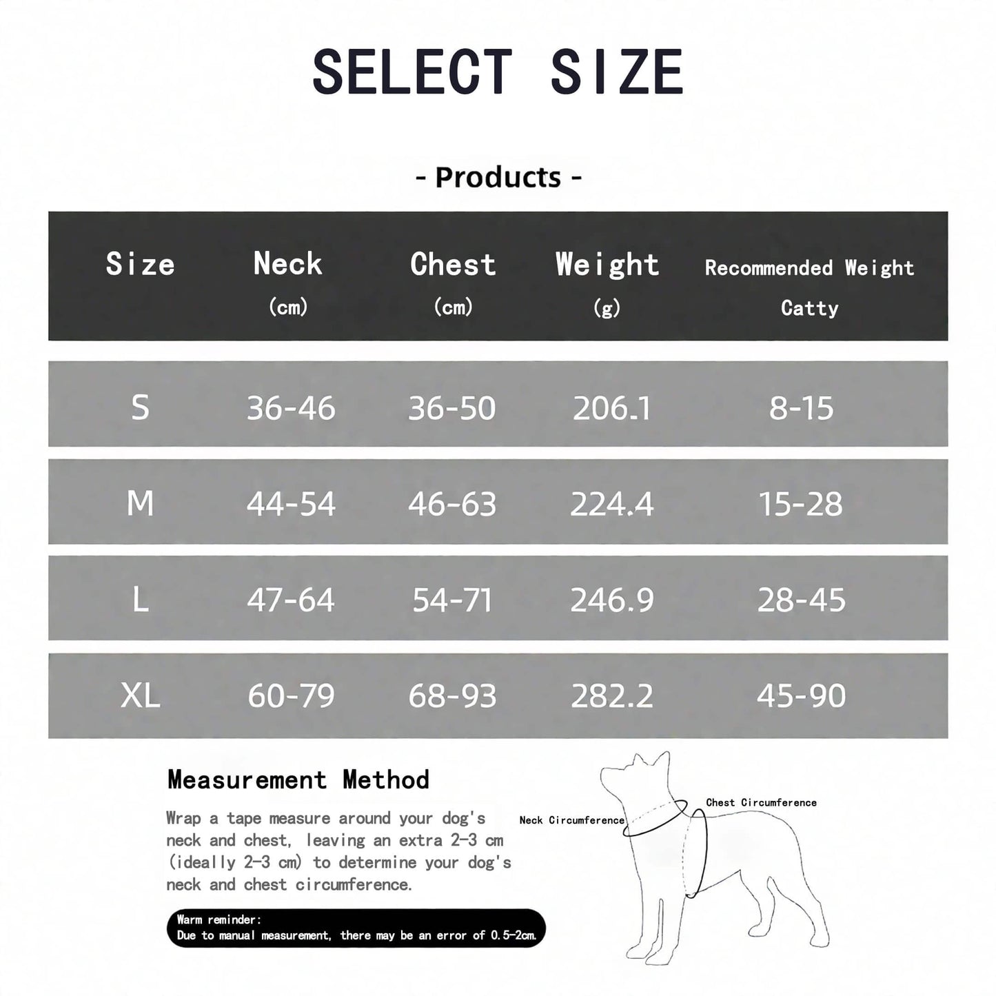 Dog harness with airtag holder size chart with neck chest measurements and weight guide