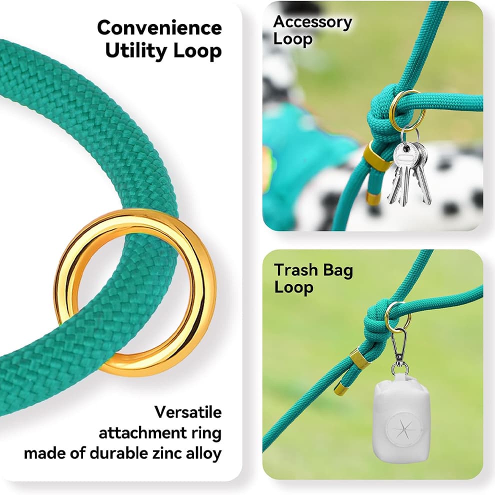 Dog leash with gold alloy ring for key or trash bag attachment