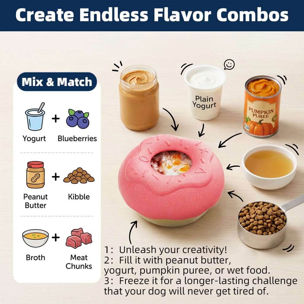 Recipe ideas for dog lick toy: yogurt, blueberries, pumpkin puree, and broth mixes.