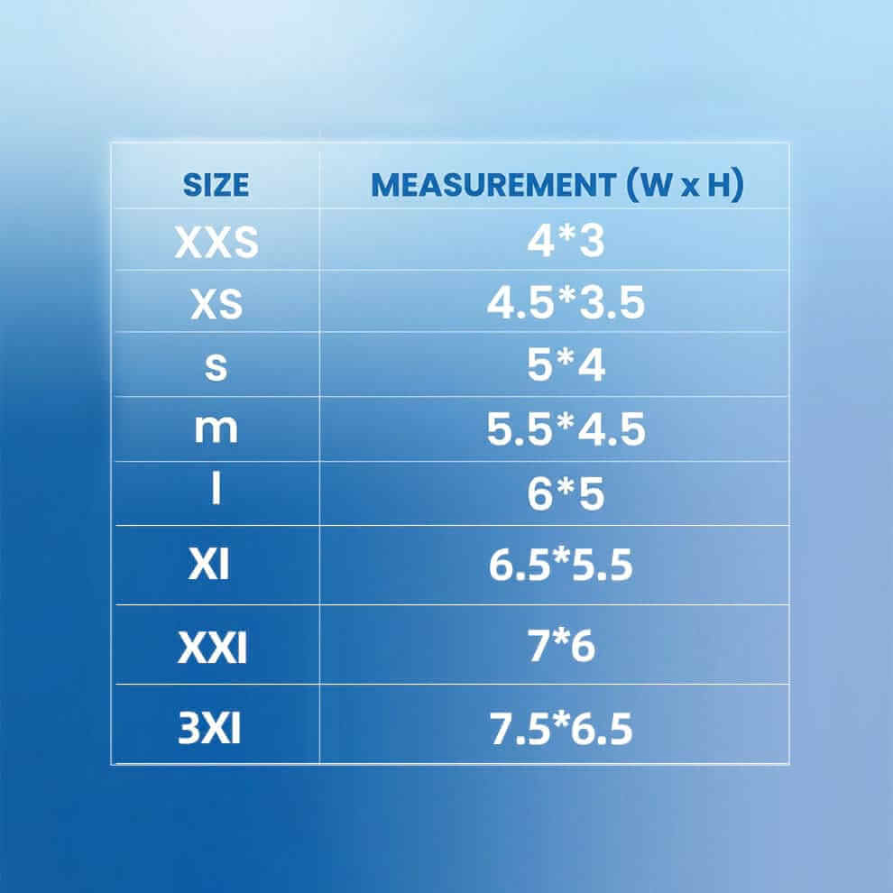 Size chart for Dog Sock Shoes ranging from XXS to 3XL, showing width and height measurements to ensure the perfect fit for your dog.