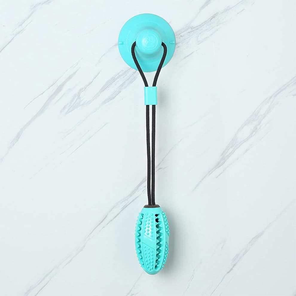 Dog suction cup toy in blue, mounted on wall for interactive tugging and chewing play