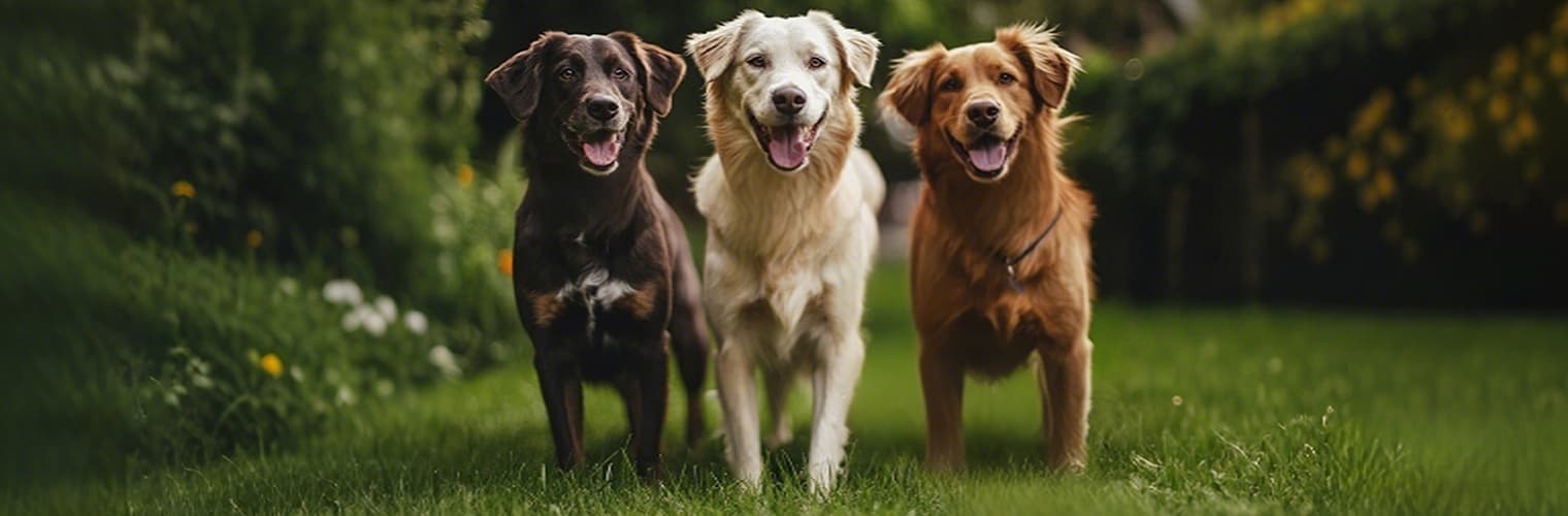 Three dogs standing on grass before wearing dog training collars