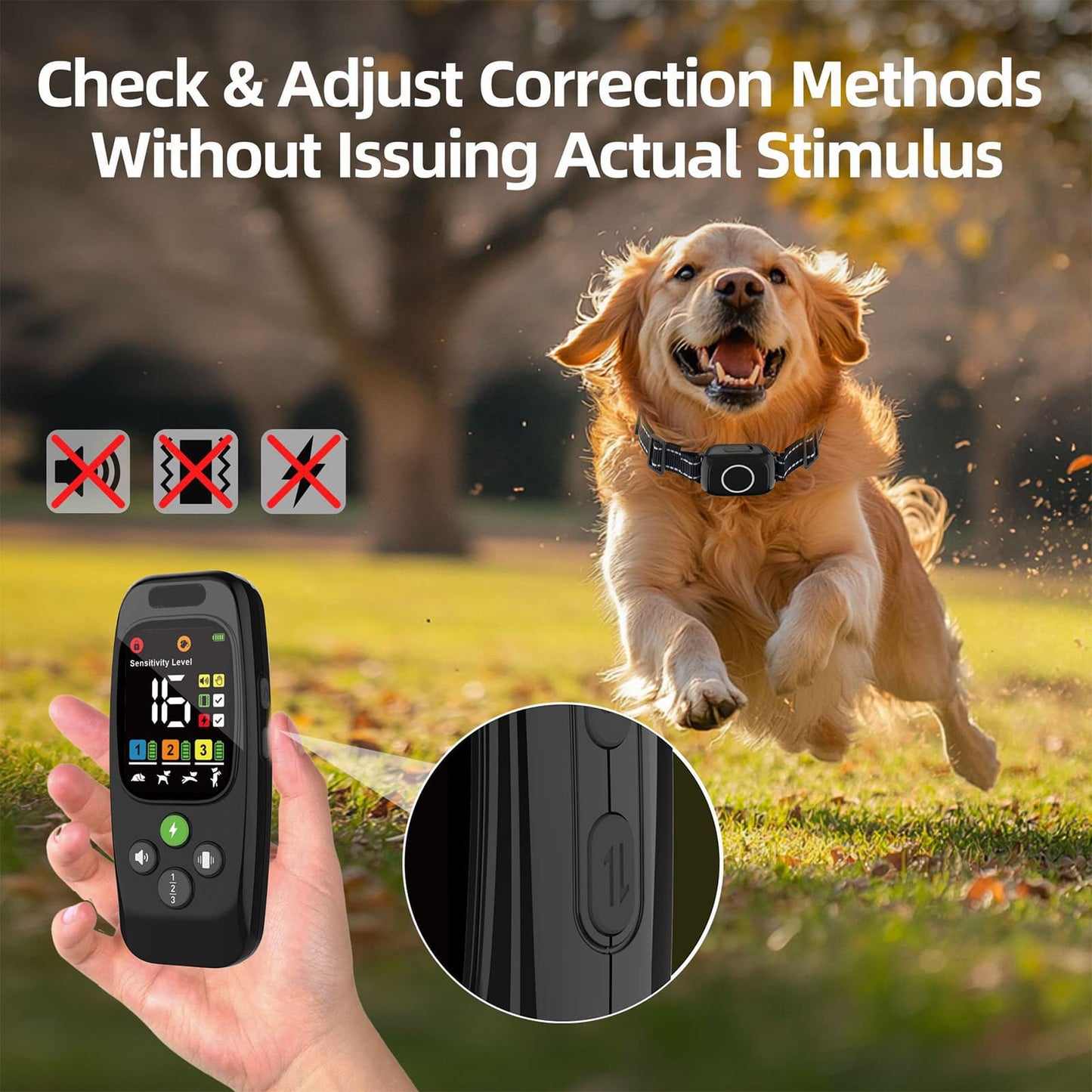 Remote adjusting training modes while dog runs freely in the yard