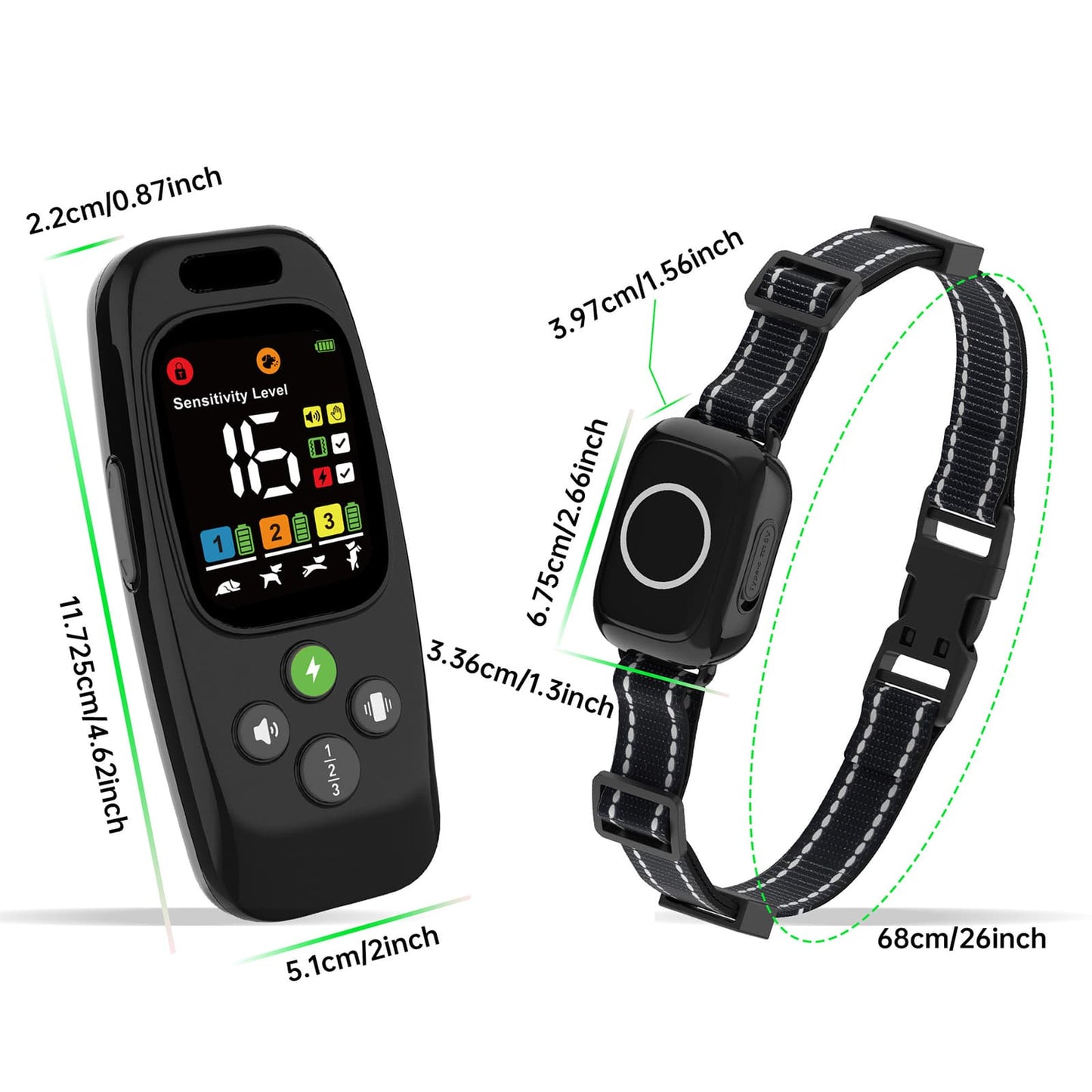 Dog training collar and remote showing size measurements and adjustable strap
