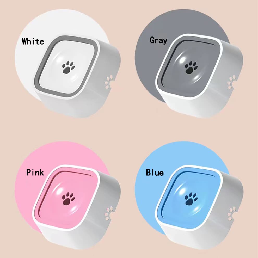 Dog water bowl available in pink, blue, gray, and white