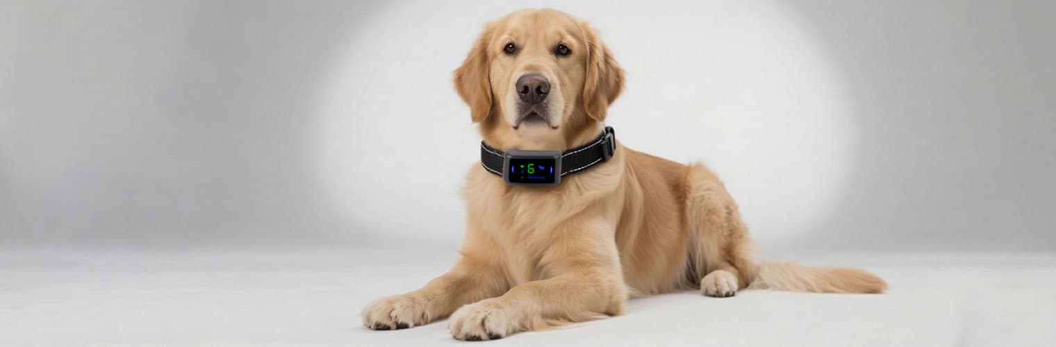 Golden retriever lying down while wearing smart dog bark control collar with LCD screen display