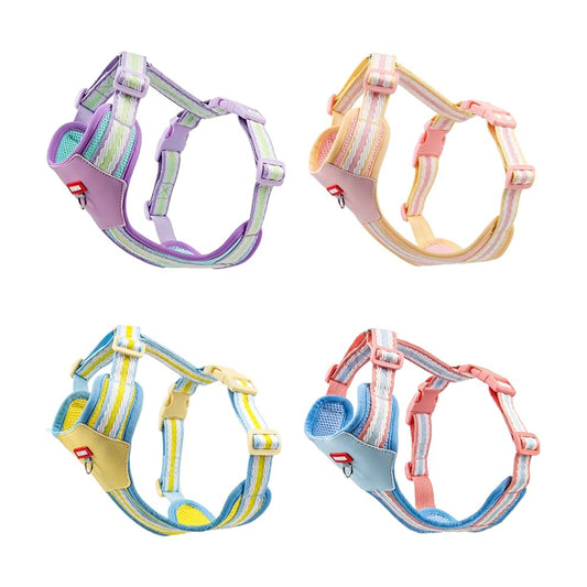 Dopamine color clash puppy harness options, available in Violet, Cherry Blossom Pink, Bright Yellow, and Cream Blue for a trendy look.