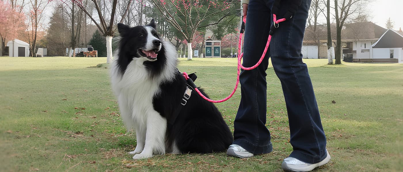 Rose red dog leash with dual handles for better handling and close control