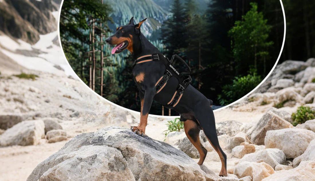 Large dog wearing escape proof dog harness for outdoor adventure and hiking