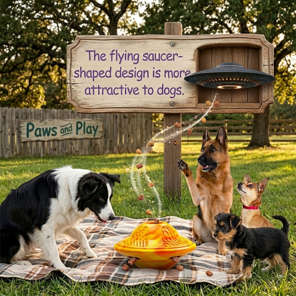 Flying saucer dog toy with an attractive UFO design, channeling your dog's natural foraging instincts with rewarding kibble drops.