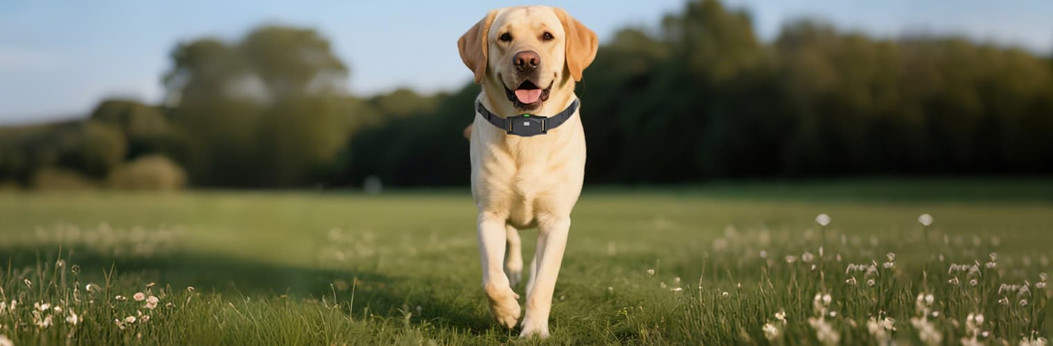 Golden retriever running in green field wearing wireless training dog collar