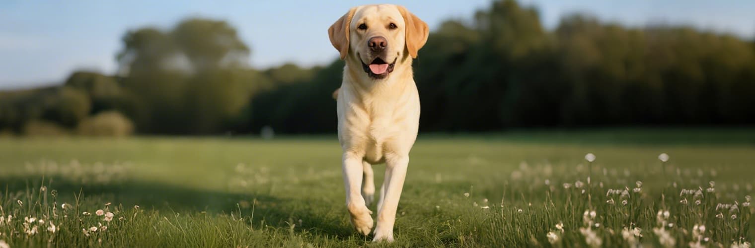 Golden retriever running happily in green field without wearing dog collar