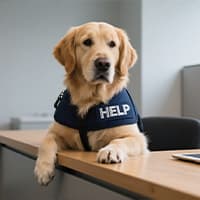 golden-retriever-dog-in-blue-help-vest-standing-at-customer-service-desk