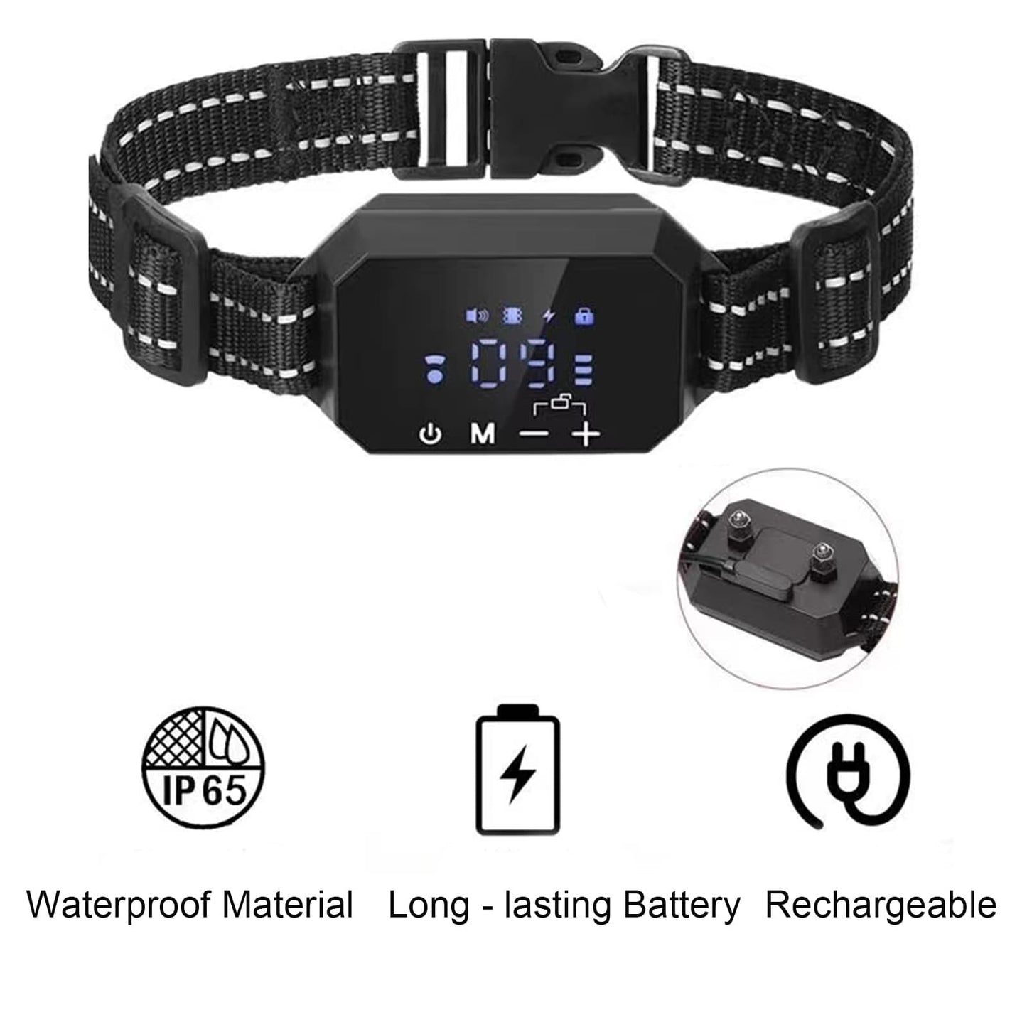 Dog training collar made with waterproof material and equipped with a rechargeable battery