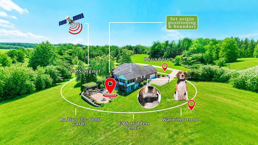 Illustration of GPS dog fence showing boundary radius setup, GPS signal, and warning tone around a house