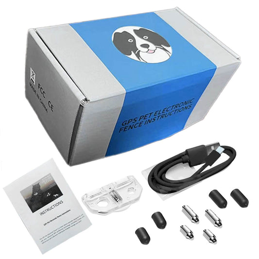 GPS dog fence harness package including USB cable, silicone caps, and conductive pins