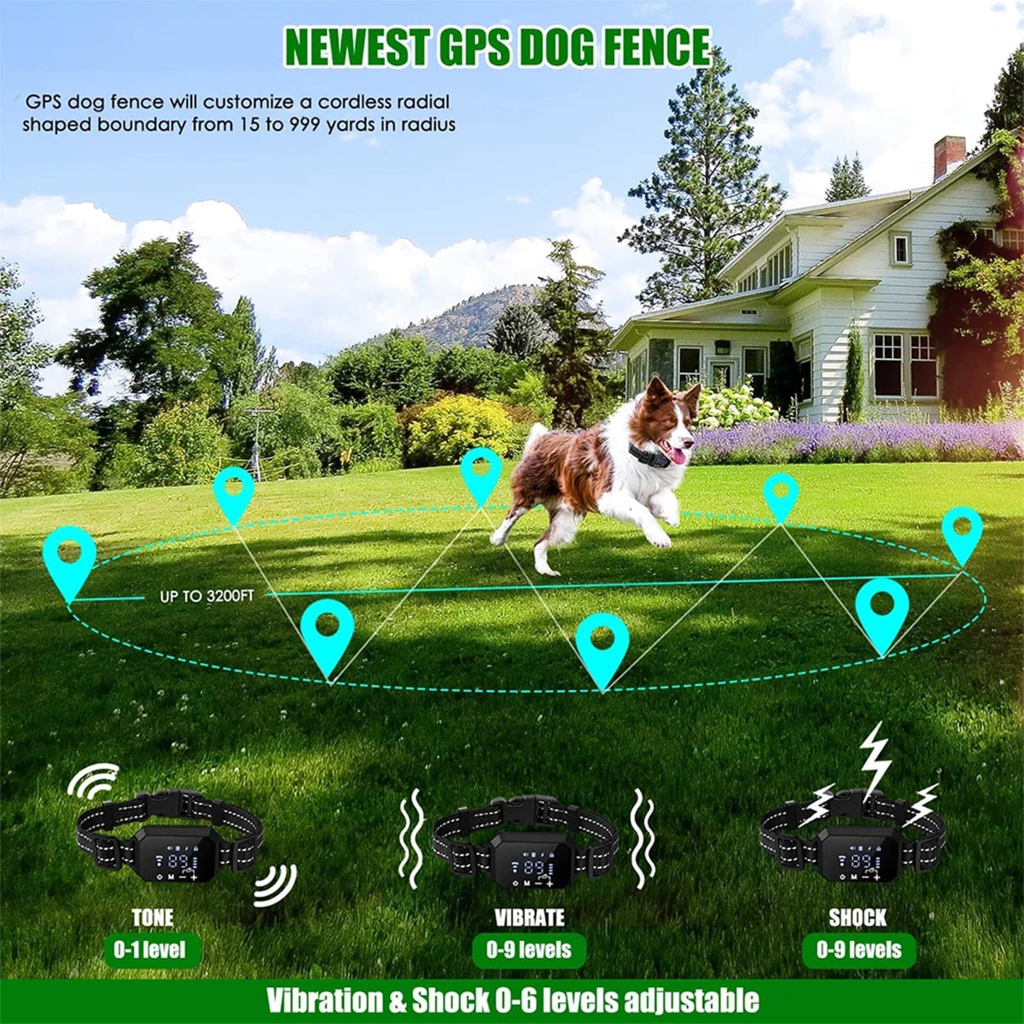 Full GPS dog fence package including collar, USB cable, silicone prongs, and user manual