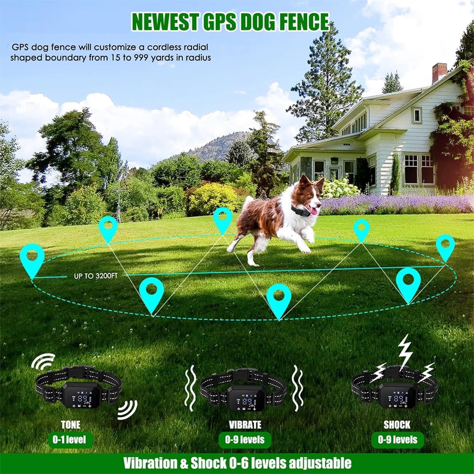 Full GPS dog fence package including collar, USB cable, silicone prongs, and user manual