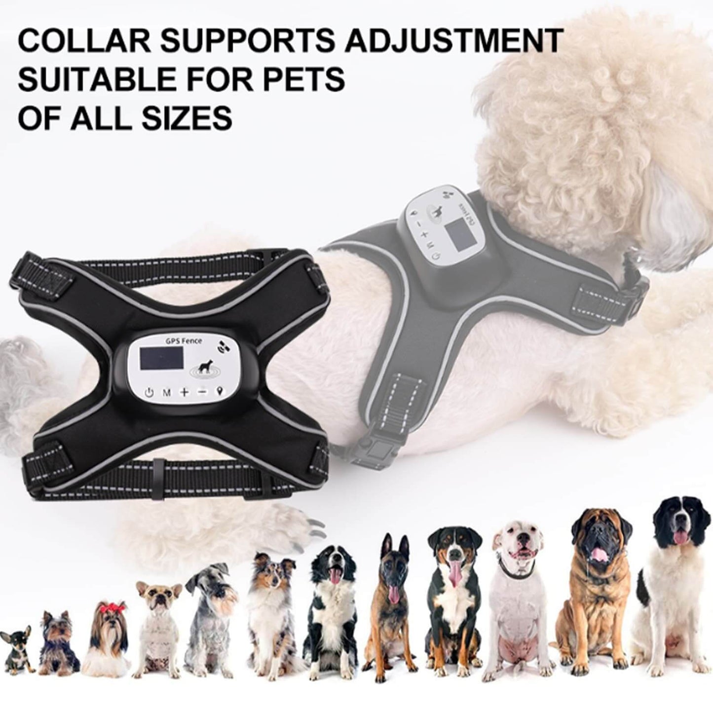 Adjustable GPS dog fence harness designed to fit small, medium, and large dogs