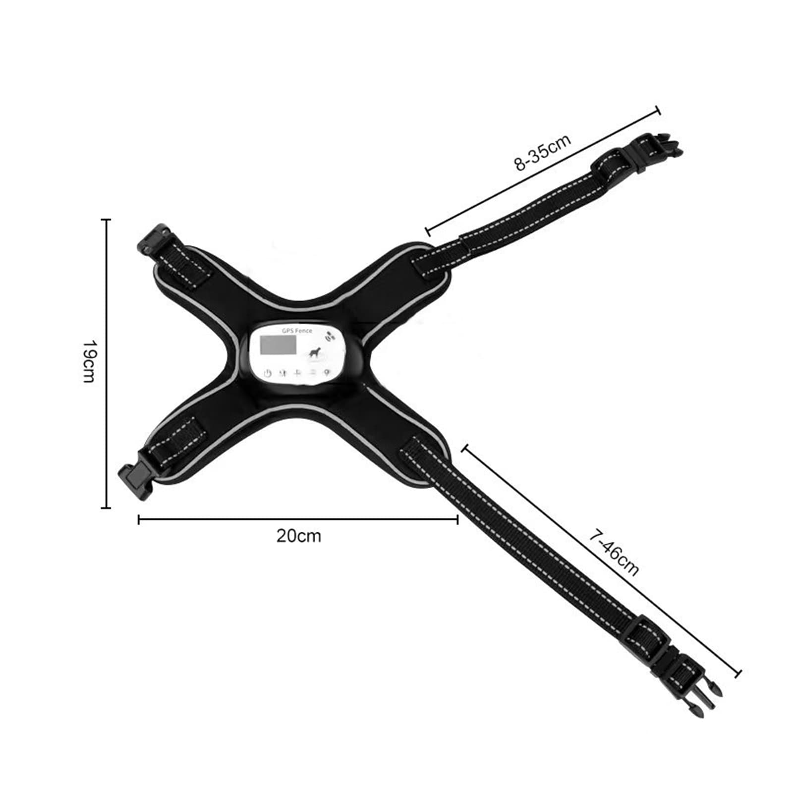 GPS dog fence harness with adjustable straps and clear size measurements for proper fit