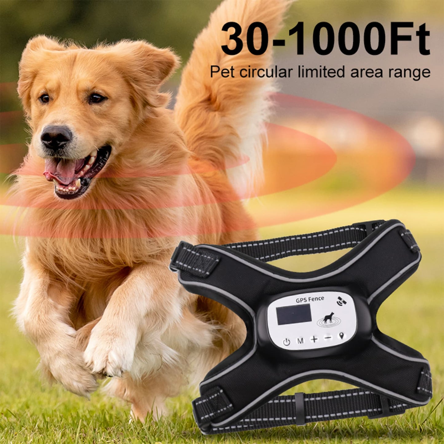 GPS dog fence harness showing a 1000ft virtual boundary for safe outdoor dog training