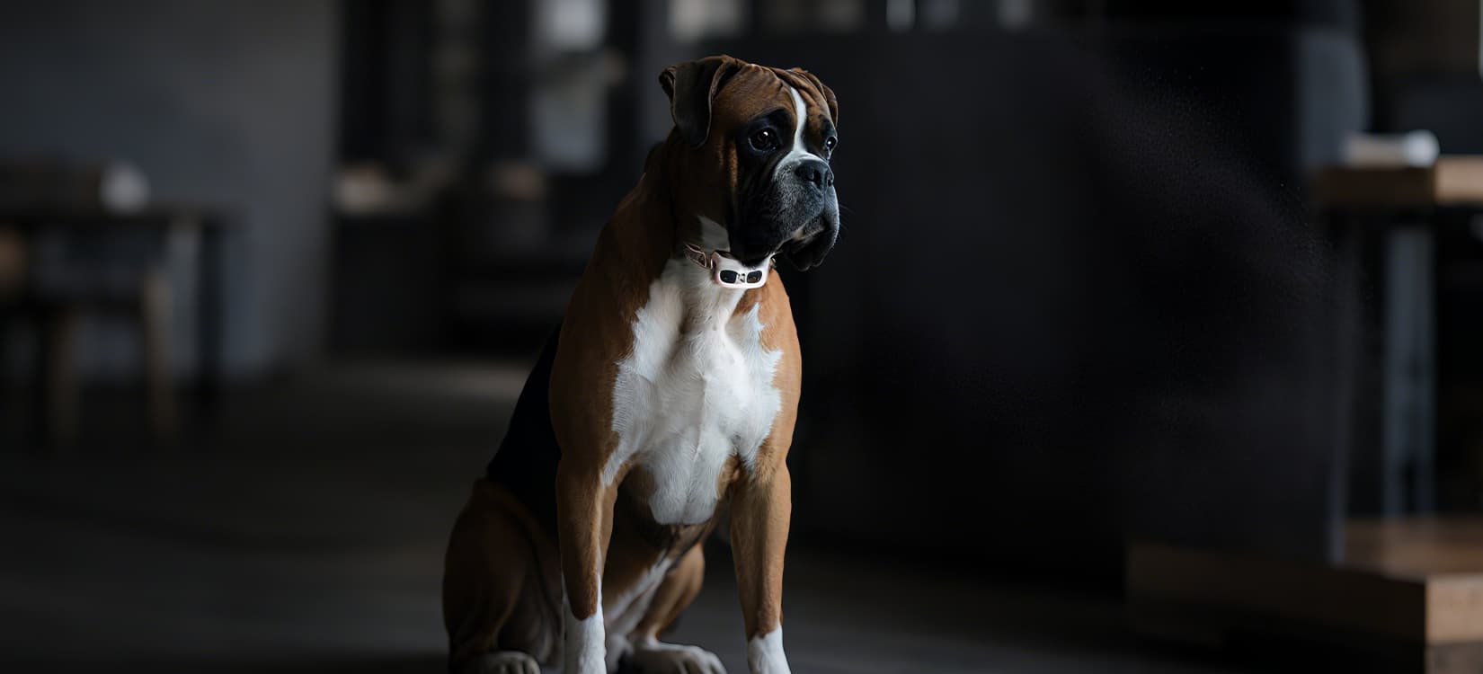 Gps dog fences category banner showing a brown and white dog indoors wearing a smart training collar for safe boundary control