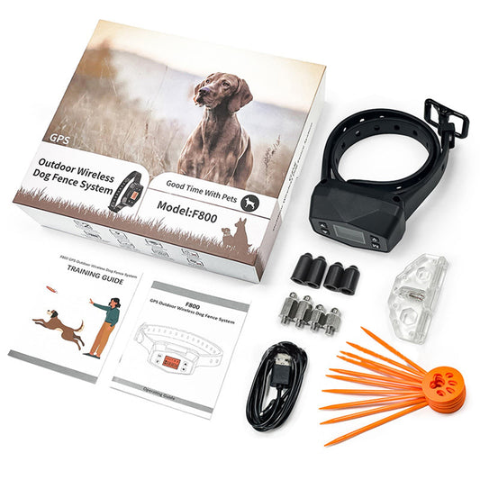 Complete GPS wireless dog fence training collar set with box, accessories, and user guide