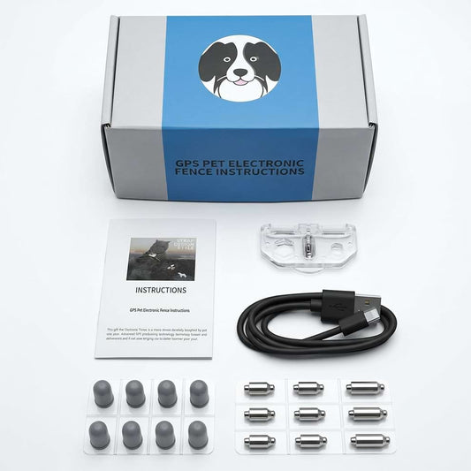 Complete kit for the GPS pet electronic fence, including the smart receiver, adjustable strap, charging cable, and silicone caps for sensitive dogs.