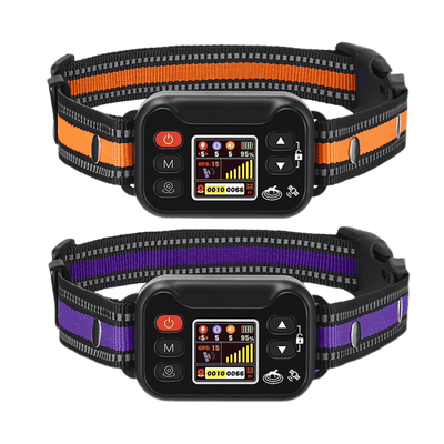 GPS wireless dog fence system with LCD display and waterproof collars in orange and purple