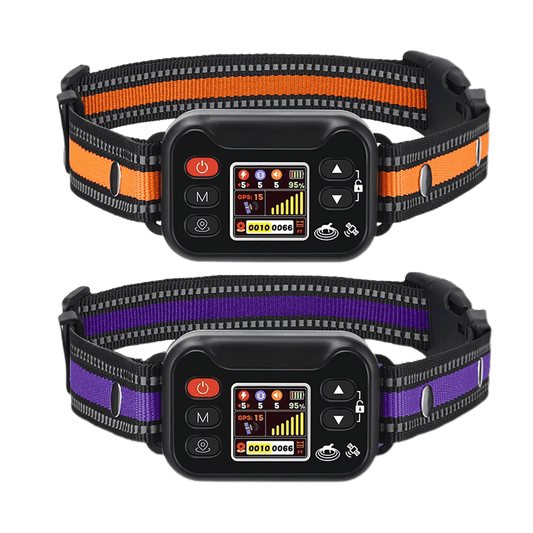 GPS wireless dog fence system with LCD display and waterproof collars in orange and purple