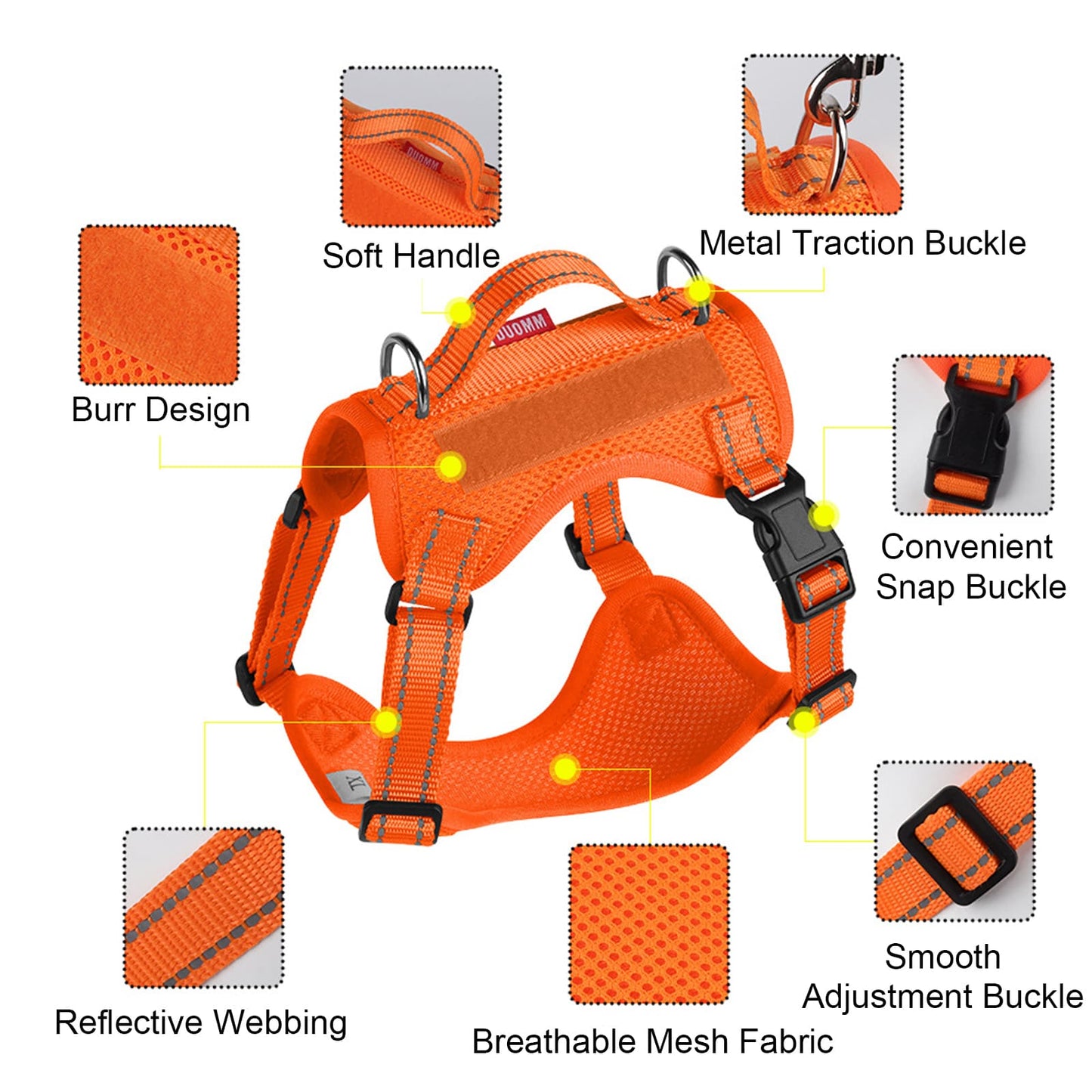 Harness and leash for small dogs with reflective straps, snap buckle, and breathable mesh