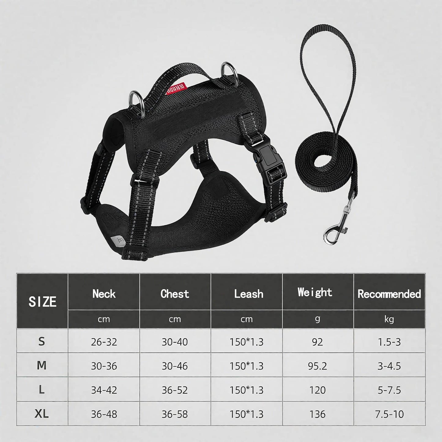 Harness and leash for small dogs size chart with black harness and leash