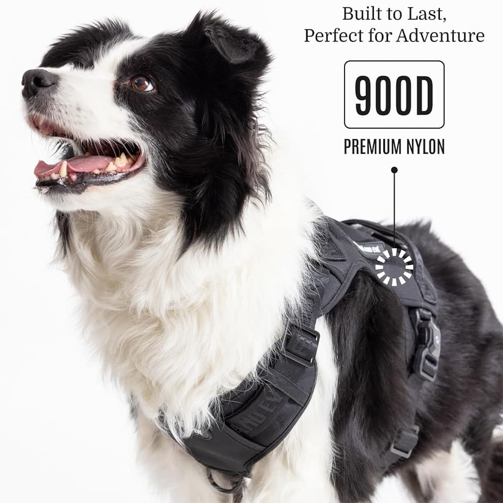 Heavy duty dog harness made with 900D nylon and reinforced stitching