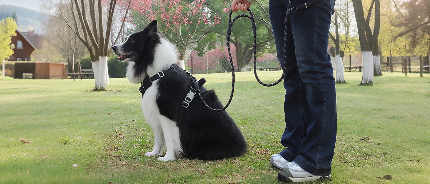 Large dog walking outdoors using black heavy duty dog leash with dual handles