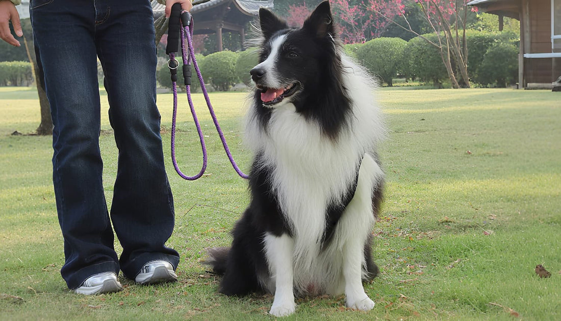 Dog walking outdoors using purple heavy duty dog leash with dual handle design