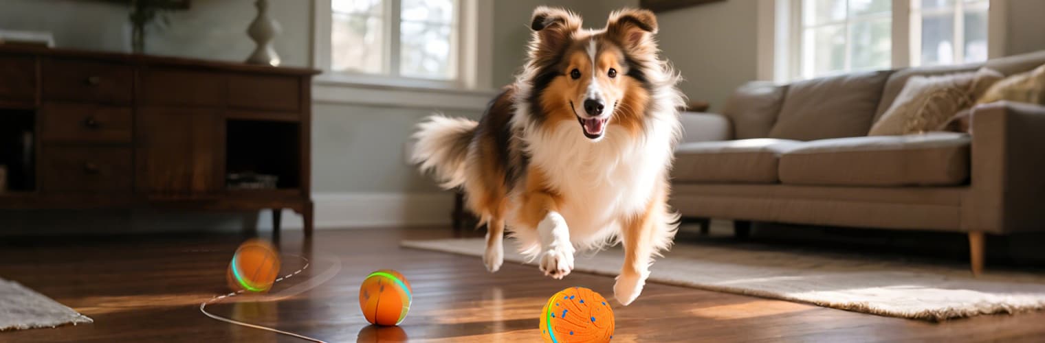 Dog happily chasing glowing interactive dog balls indoors