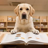 labrador-retriever-standing-with-paws-on-open-book-showing-pet-product-information